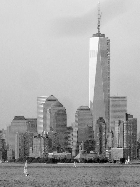 A black and white view of Manhattan from the Staten Island ferry