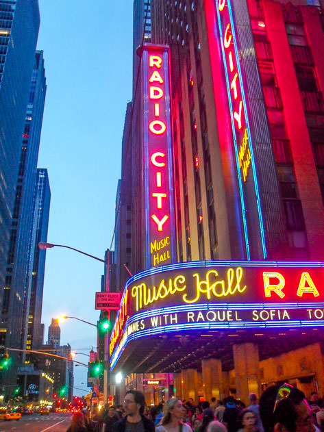 The neon-lit Radio City Music Hall