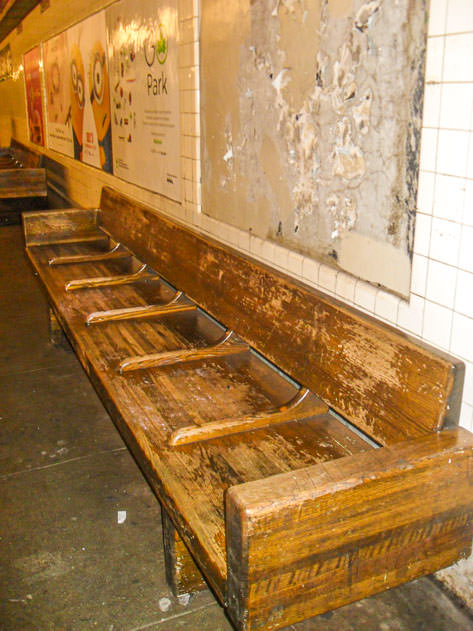 A bench at the Nassau Ave metro station in New York