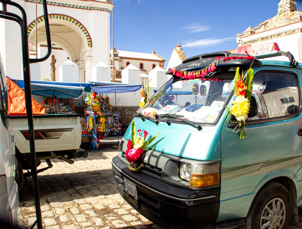 A ch'alla in front of the Cathedral in Copacabana