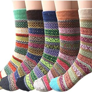 Justay 5 Pairs Winter Womens Wool Socks Vintage Warm Socks Thick Cozy Socks Knit Casual Crew Socks Gifts for Women