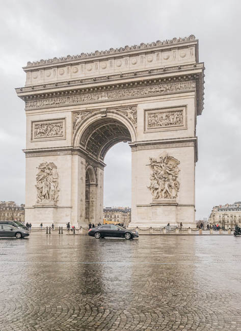 The imposing Arc de Triomphe on a rainy Sunday in Paris