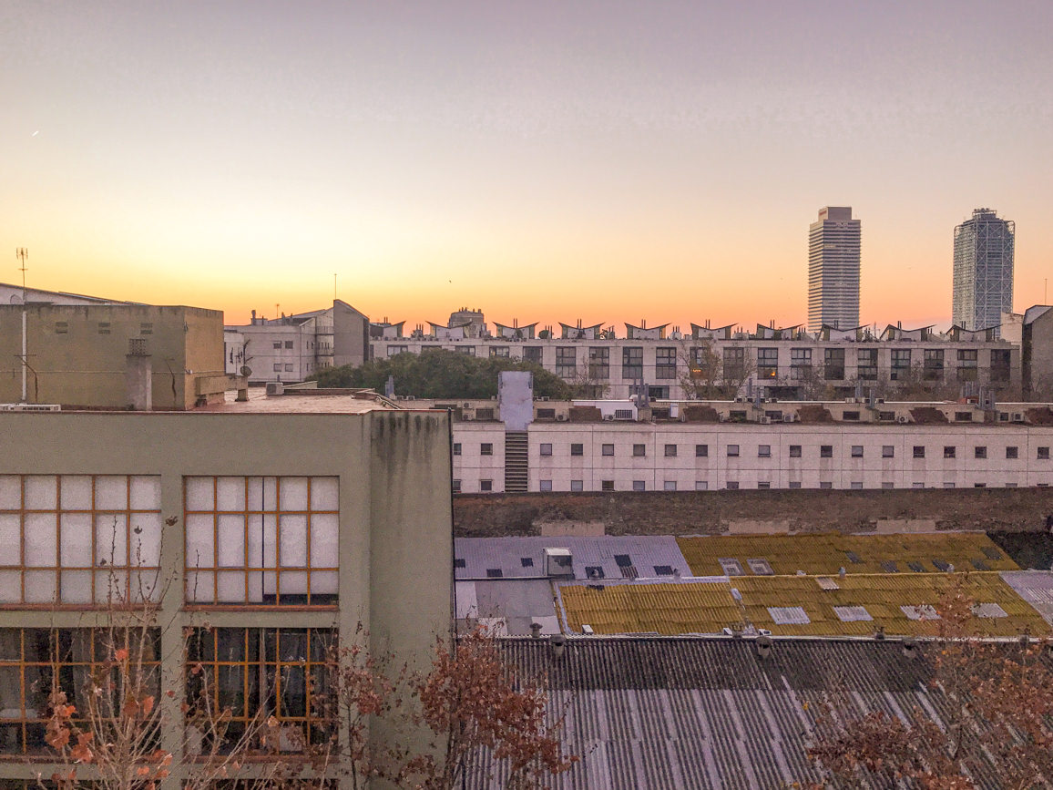 The beautiful sunrise light from my room in Hotel Ibis Bogatell in Barcelona