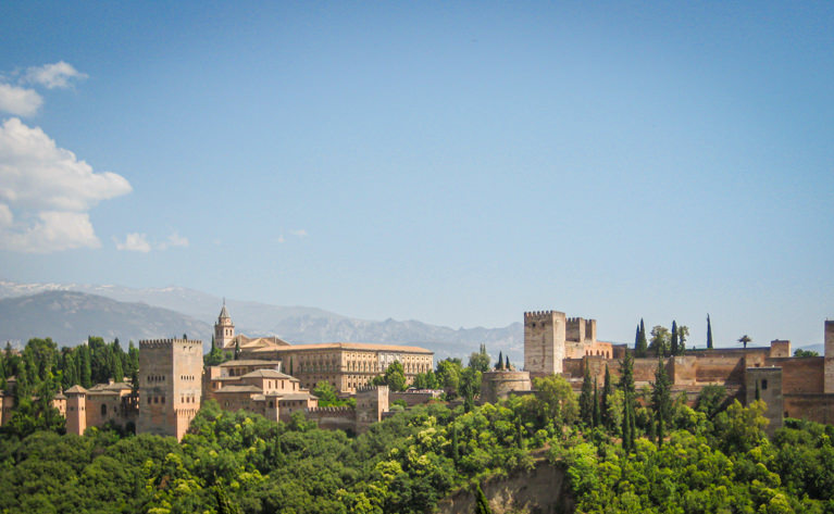 Imposing view of the Alhambra and Generalife from the Mirador de San Nicolás in Granada