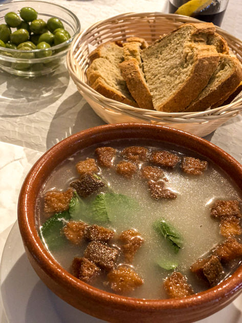 Soup, olives and bread at Bar El Pilar