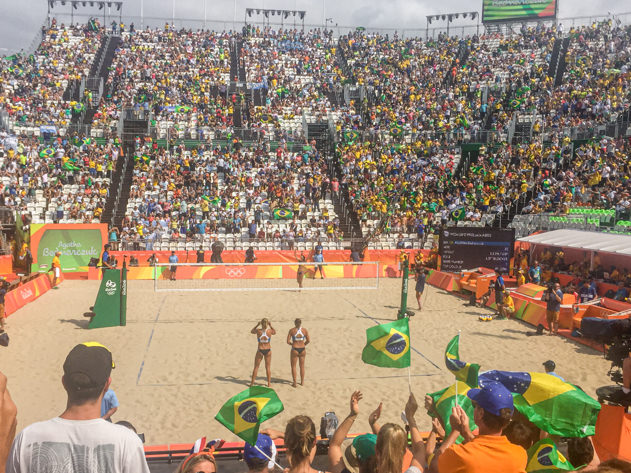 Women playing beach volleyball in Copacabana during the Brazil vs Argentina game