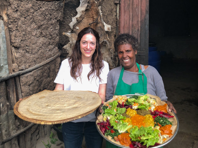 Homemade injera and Ethiopian food after our cooking class with Sisko in Lalibela