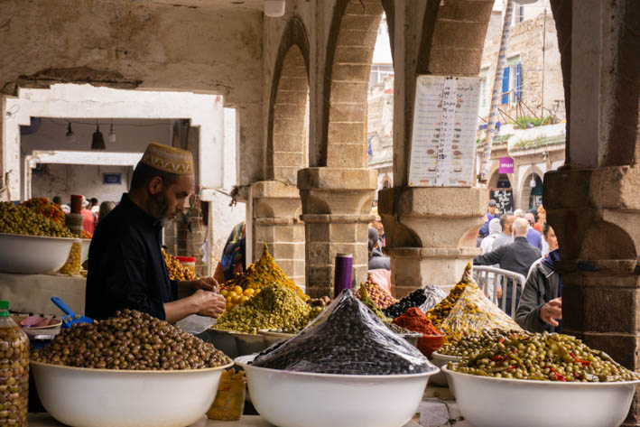Local stall of olives in the souk of Essaouira