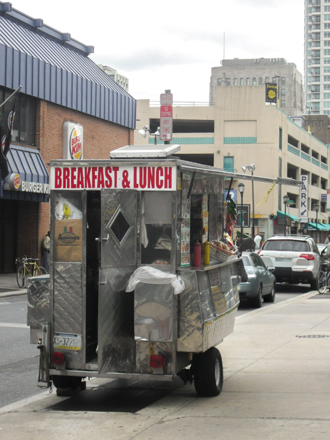 Street food cart serving breakfast and lunch in downtown Philadelphia