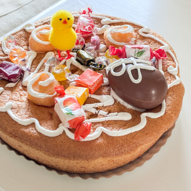 Traditional Basque opilla cake from Irún decorated with eggs and candies