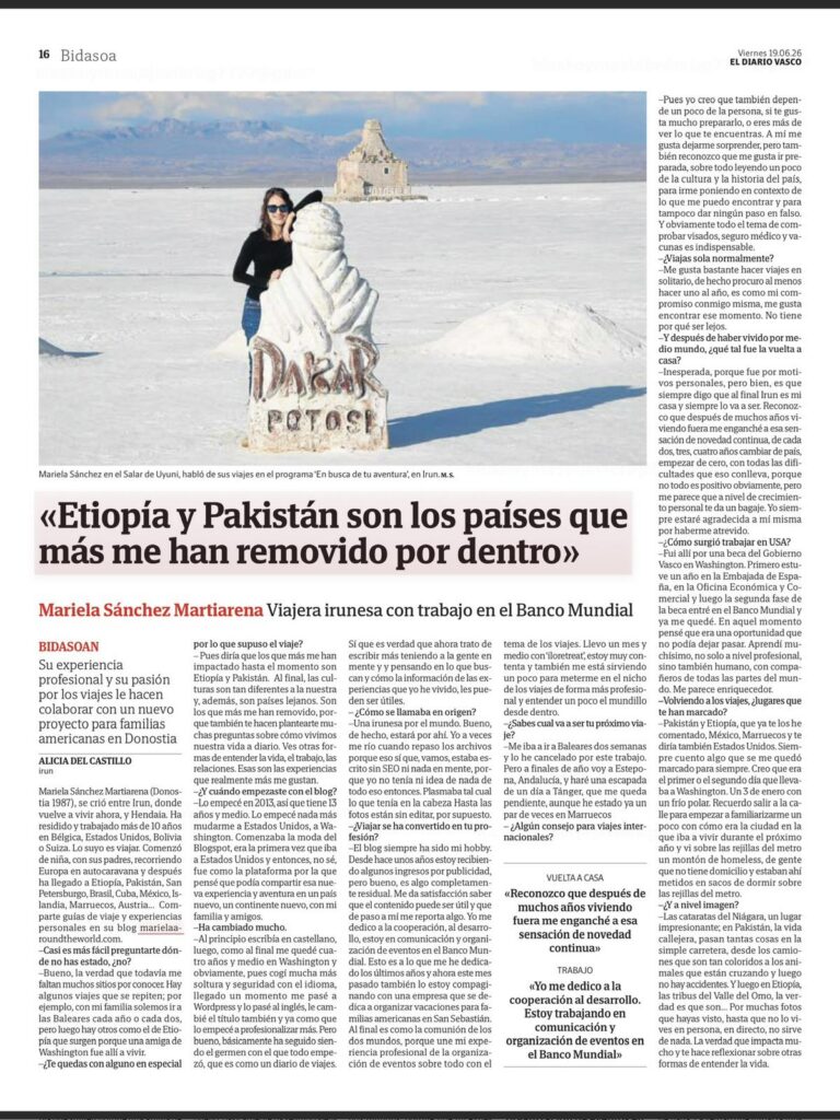 Travel blogger Mariela Sánchez Martiarena featured in El Diario Vasco discussing travel experiences, expat life abroad and destinations such as Ethiopia and Pakistan.