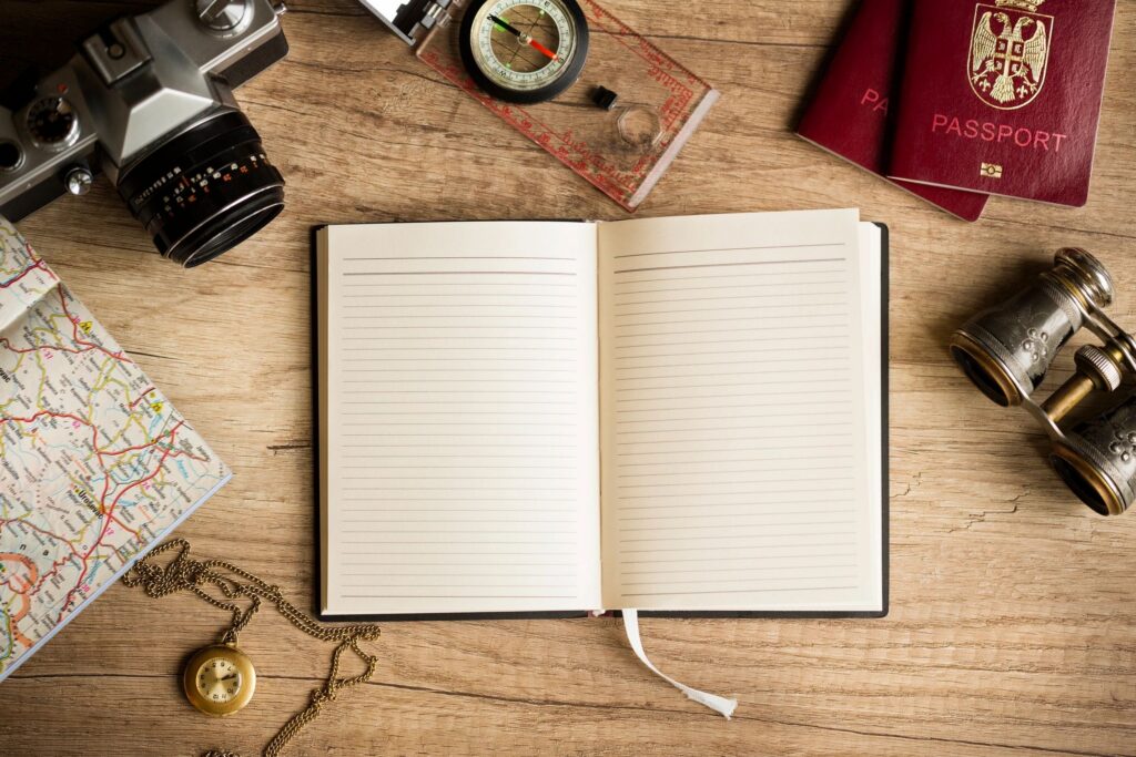 Travel essentials including a camera, passport and map on a wooden table